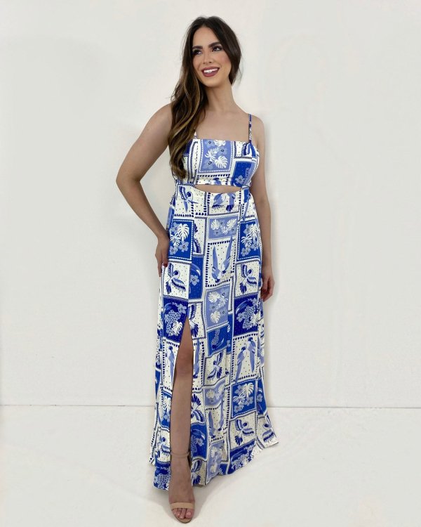 Vestido Naiane Longo - Estampado Fundo Azul - Imagem 2