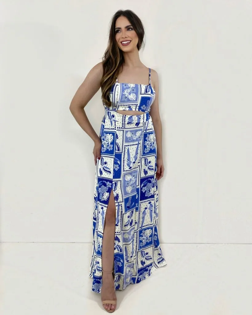Vestido Naiane Longo - Estampado Fundo Azul