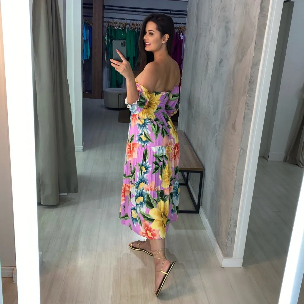 Vestido Nina Midi - Floral Exclusivo Fundo Lilás, foto 2