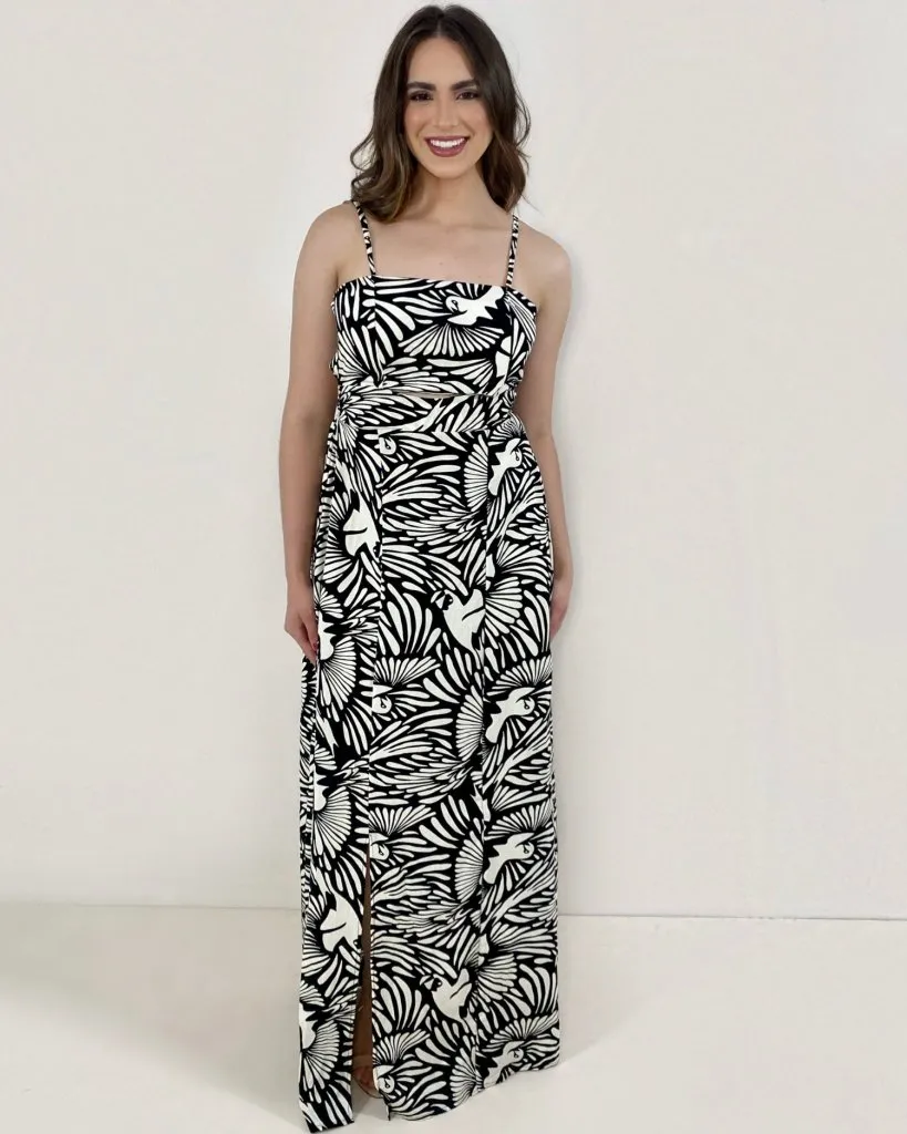 Vestido Naiane Longo - Estampado Fundo Preto