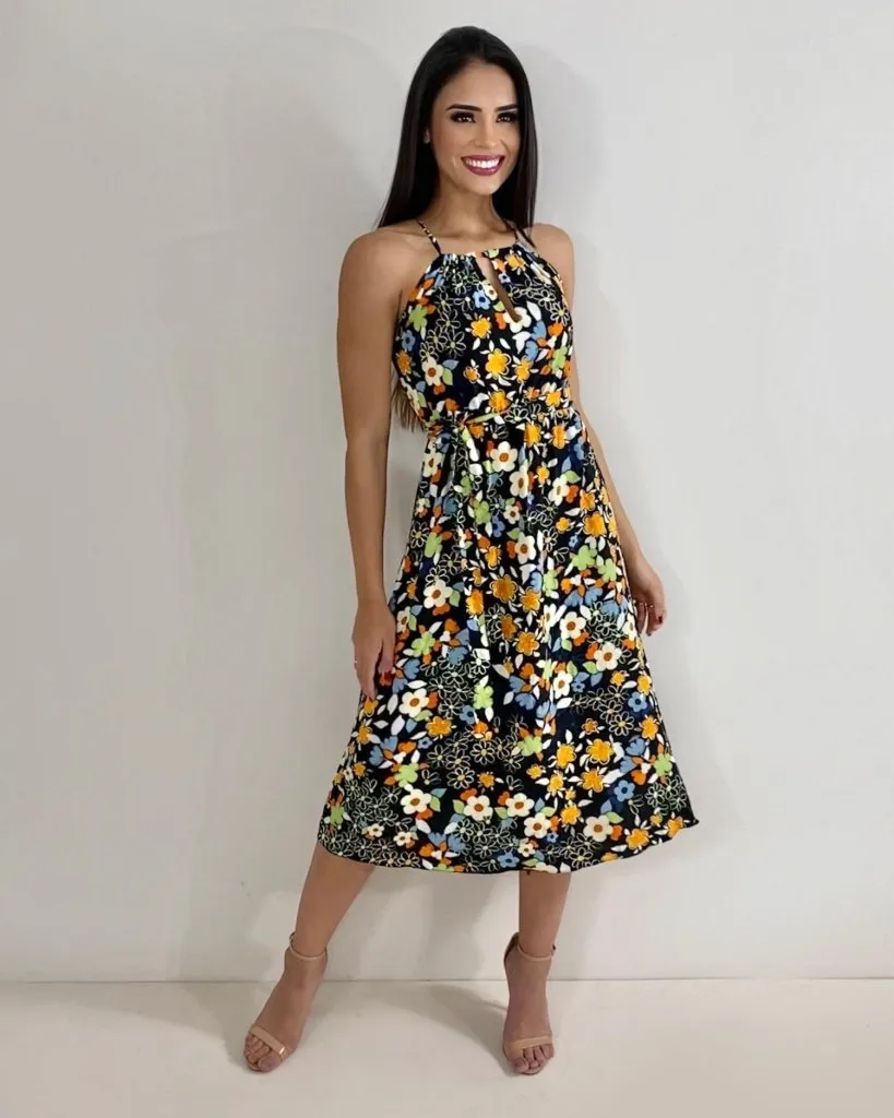 Vestido Isadora - Floral Colorido Fundo Preto