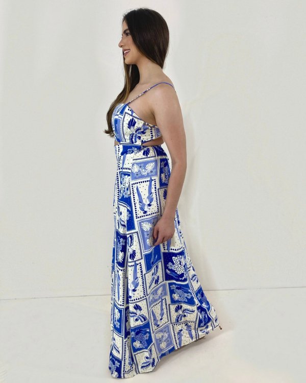 Vestido Naiane Longo - Estampado Fundo Azul - Imagem 3