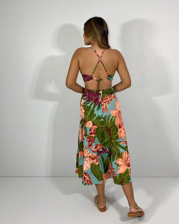 Vestido Chiara - Floral Fundo Azul Turquesa - Imagem 2