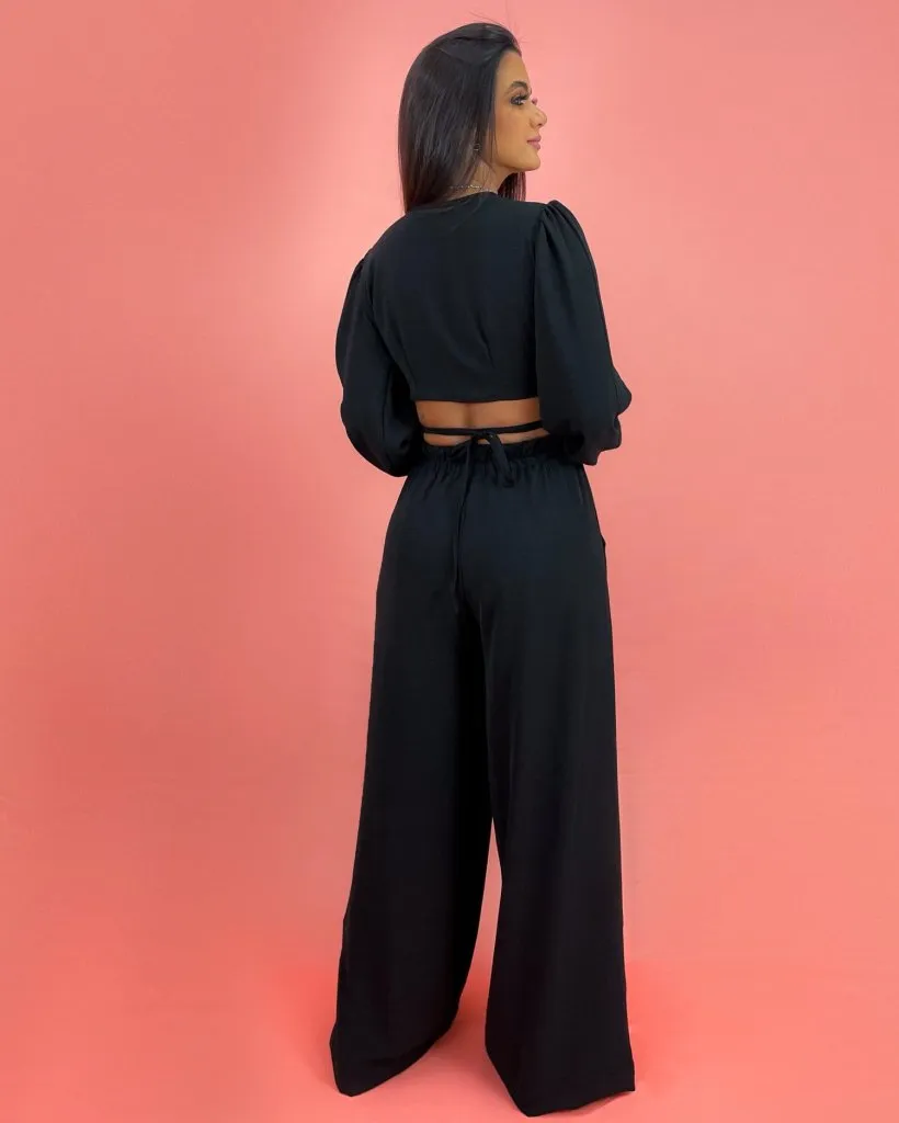 Calça Pantalona em Duna - Preto