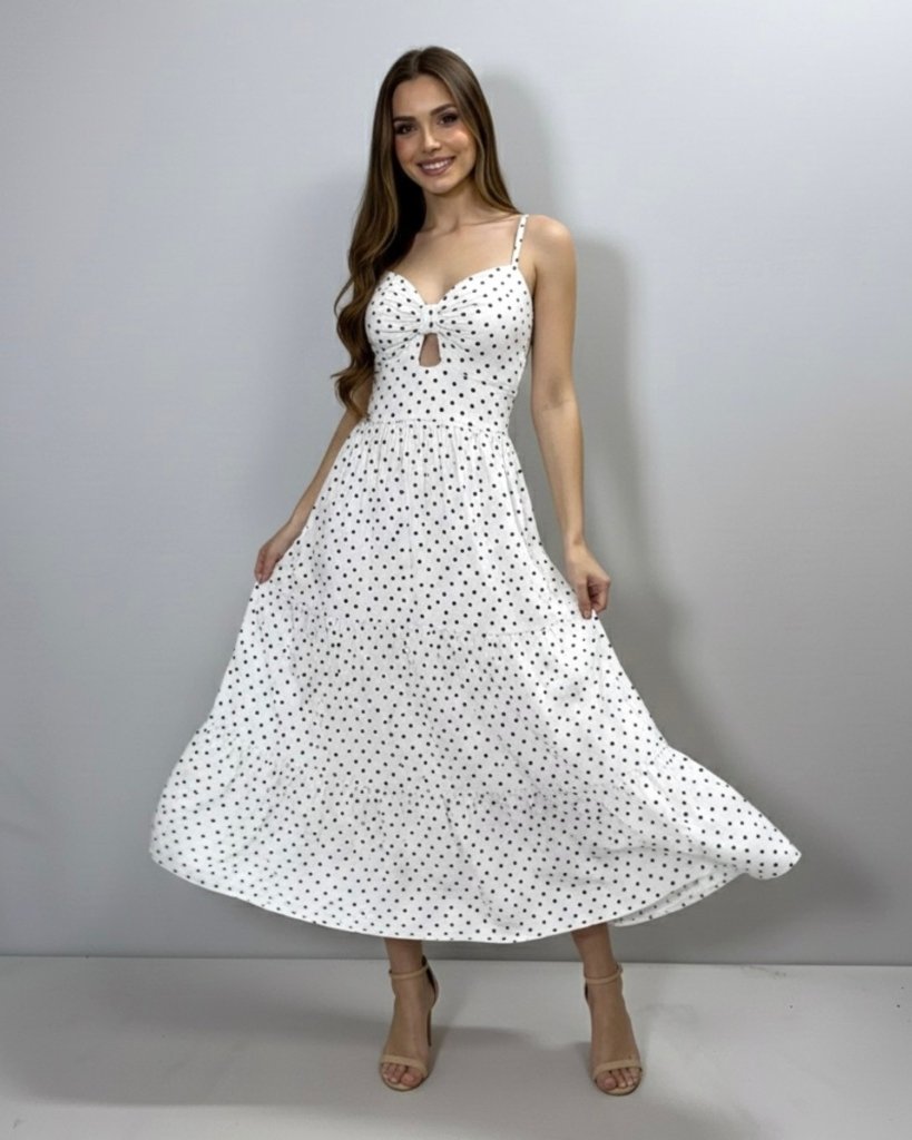 Vestido Jéssica Midi - Poá Fundo Branco